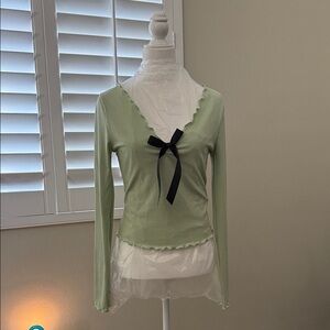 Forever 21 Light Green Ribbed Top with Black Bow